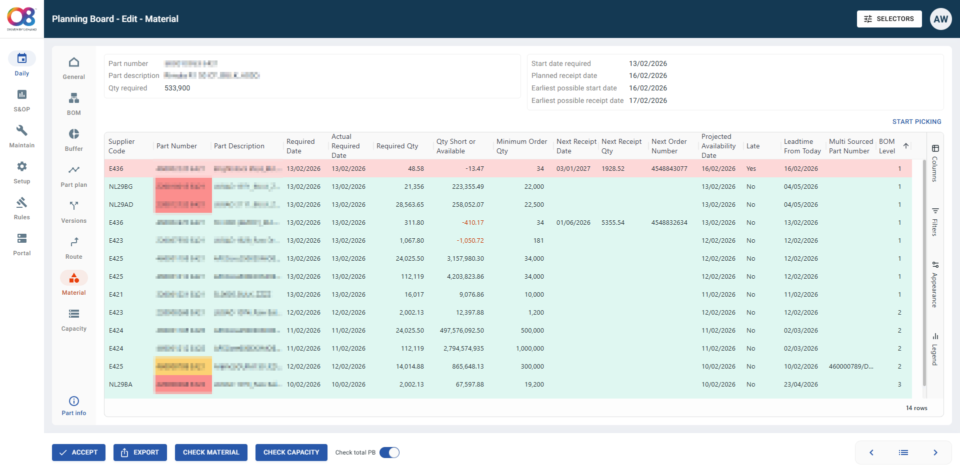 O8 Enterprise Suite material and capacity checks showing supply order constraints and next possible dates