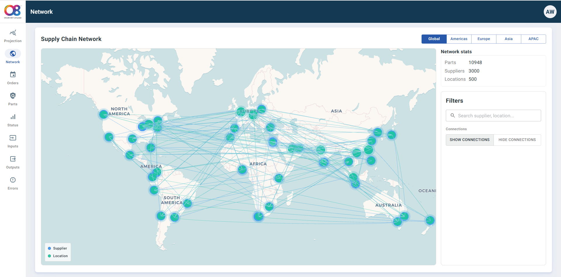 O8 Enterprise Suite Network and Simulation visual planning screen showing routes, network nodes and scenario controls