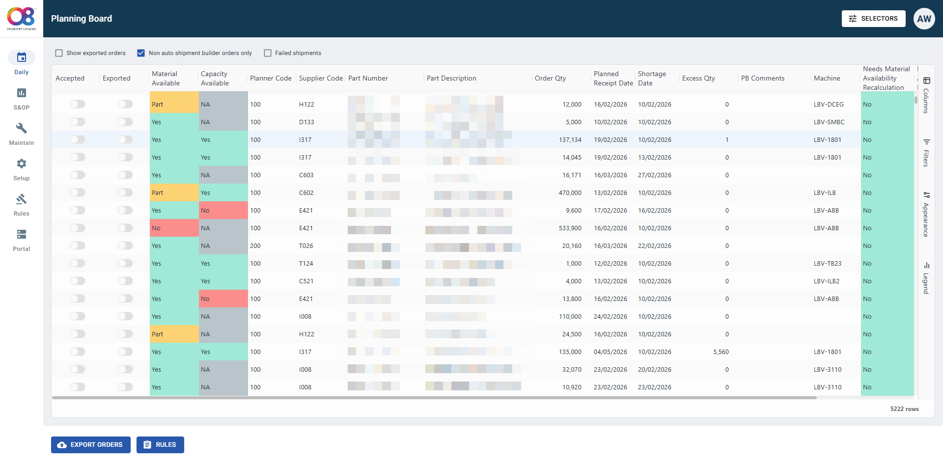 O8 Enterprise Suite Planning Board showing order requirements, validation status and export controls