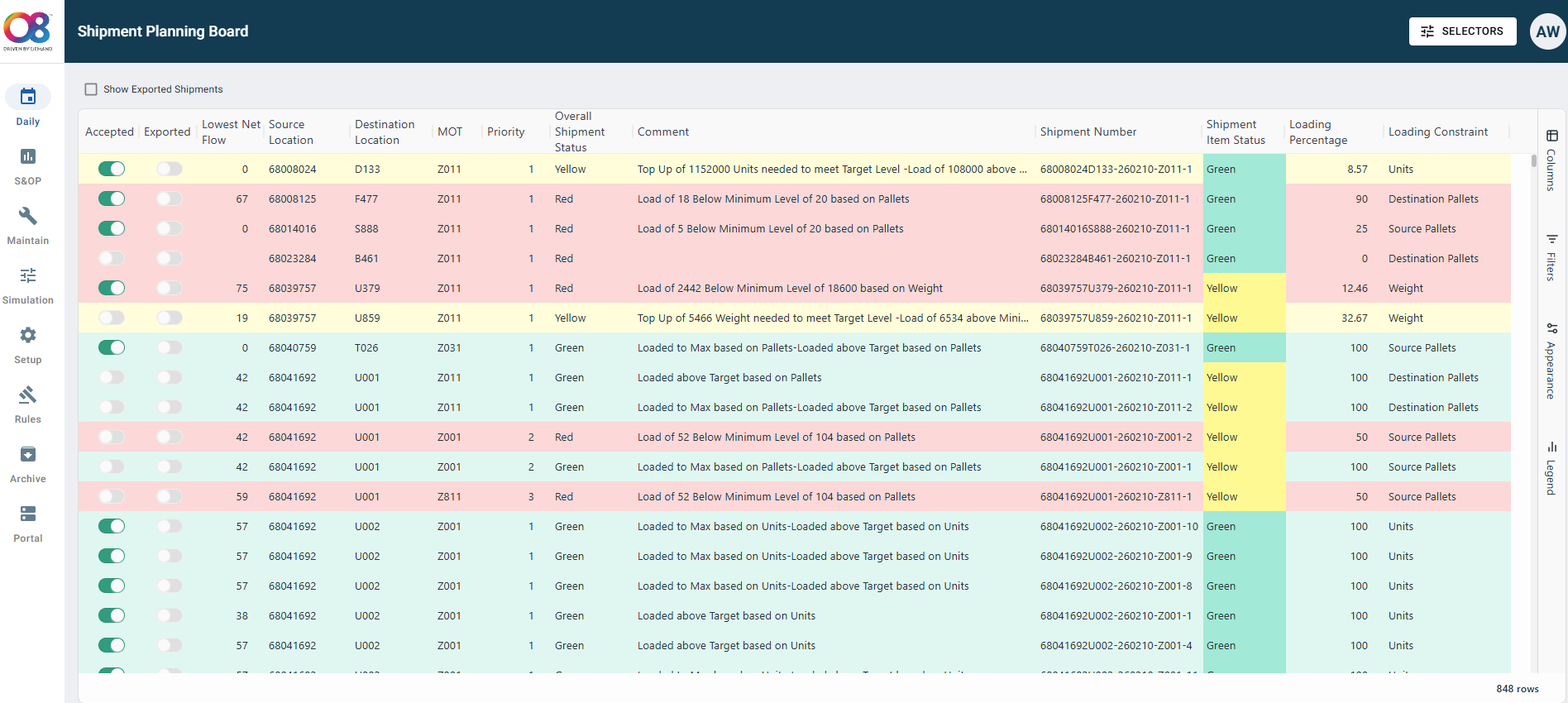 O8 Enterprise Suite shipment planning board with selectors and export controls